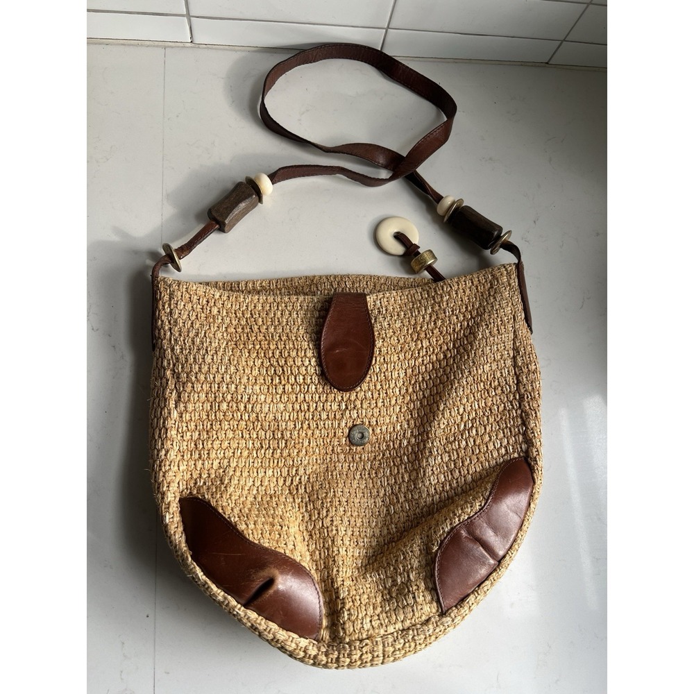 Vtg Dillards Jute Leather Trim Shoulder Handbag Women Tan Brown Lined Bag - Picture 1 of 9
